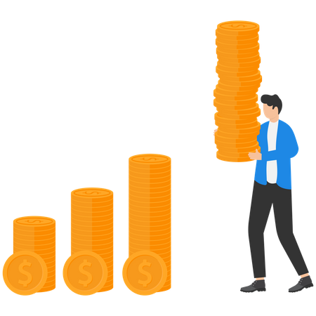 Businessman Investor Holding High Stack Of Dollar Money Coins To Put As Growth Compound Graph Illustration
