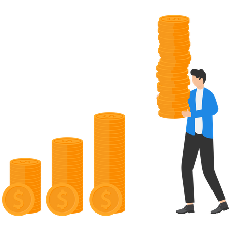 Businessman Investor Holding High Stack Of Dollar Money Coins To Put As Growth Compound Graph  Illustration