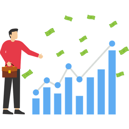 Businessman investor holding money coins analyzing financial chart  イラスト