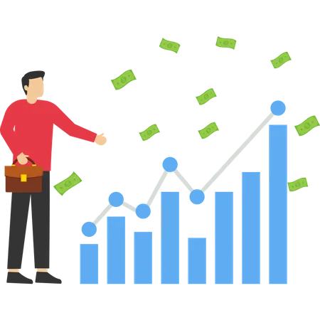 Stock Market Report Concept Financial Market Investment Income Or Money Management Analysis Economic Growth Businessman Investor Holding Money Coins Analyzing Financial Charts And Graphs Illustration