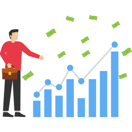 Businessman investor holding money coins analyzing financial chart  Illustration