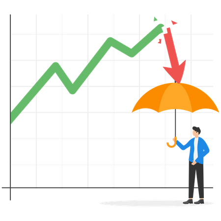 Businessman investor holding strong umbrella ready for downturn arrow graph  Illustration