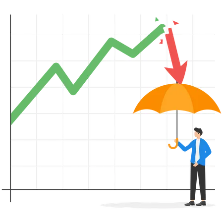 Businessman investor holding strong umbrella ready for downturn arrow graph  Illustration