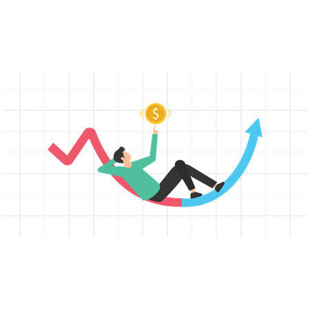 Businessman investor lie down wait profit on growing graph  Illustration