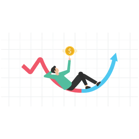 Businessman investor lie down wait profit on growing graph  Illustration