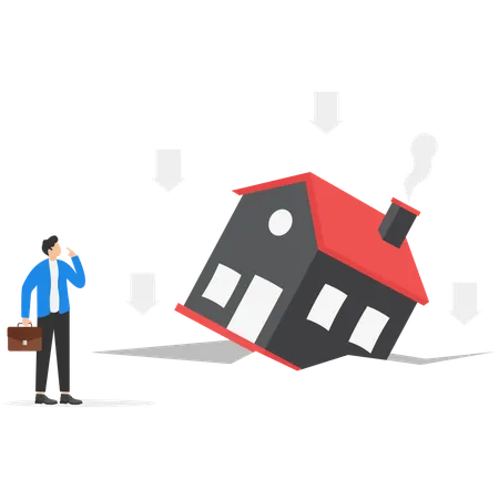 Housing Price Falling Down Real Estate And Property Crash Value Drop Or Decline Home Loan Or Mortgage Risk Concept Businessman Investor Home Owner Falling On Decline Falling Down Housing Graph イラスト