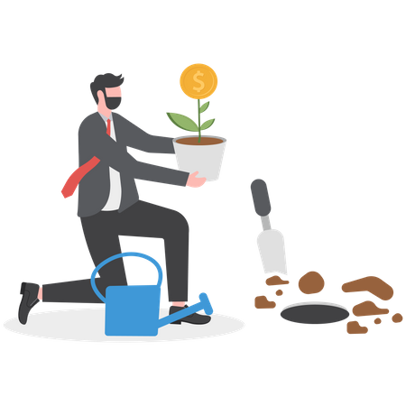 Businessman investor planting money seedling for prosperity  Illustration