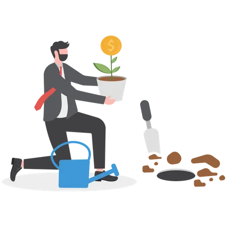 Businessman investor planting money seedling for prosperity  Illustration