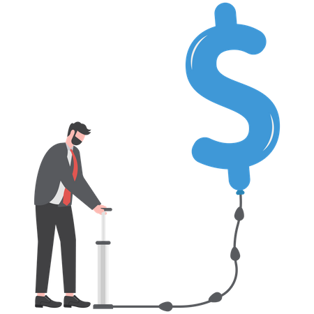 Businessman investor pumping air into big floating balloon with US Dollar money sign ready to burst  Illustration