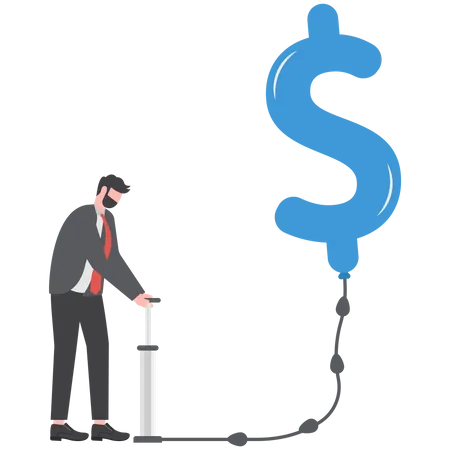 Businessman investor pumping air into big floating balloon with US Dollar money sign ready to burst  Illustration