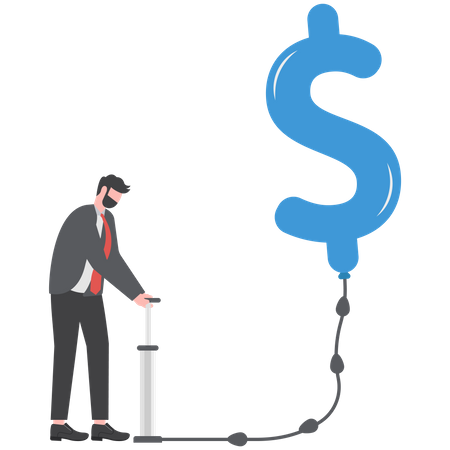 Businessman investor pumping air into big floating balloon with US Dollar money sign ready to burst  Illustration