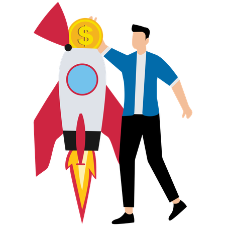 Businessman investor put money coin into innovative rocket to launch new business  Illustration