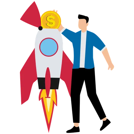 Businessman investor put money coin into innovative rocket to launch new business  Illustration
