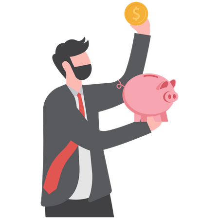 Businessman investor putting dollar money coin into piggy bank  Illustration