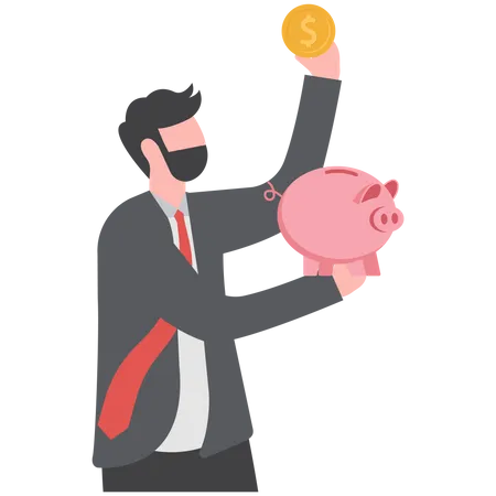 Businessman investor putting dollar money coin into piggy bank  Illustration