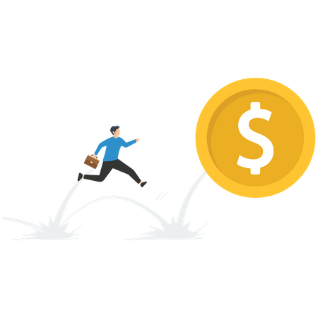 Businessman investor run chasing try to catch high performance attractive dollar coin  Illustration