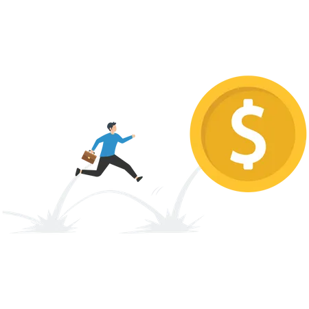 Businessman investor run chasing try to catch high performance attractive dollar coin  Illustration