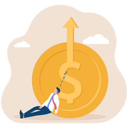 Businessman investor sleeping next to dollar with growth graph  Illustration