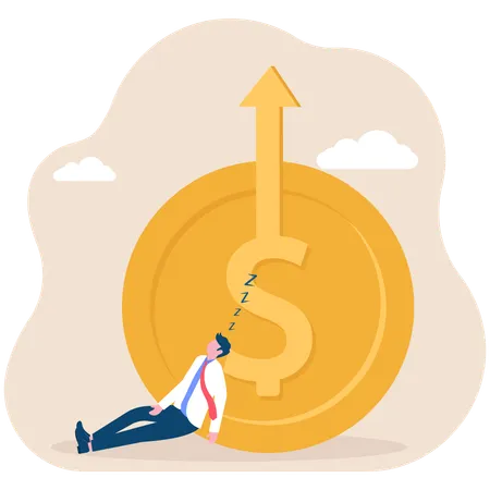 Businessman investor sleeping next to dollar with growth graph  Illustration