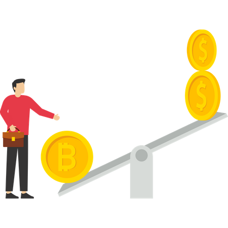 Businessman investor standing and looking at bitcoin coin seesaw dollar  Illustration