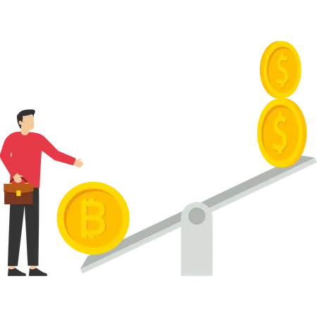 Businessman investor standing and looking at bitcoin coin seesaw dollar  Illustration