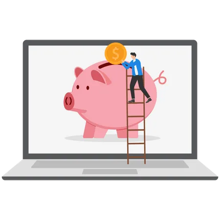 Businessman investor standing with laptop wealthy pink piggy  Illustration