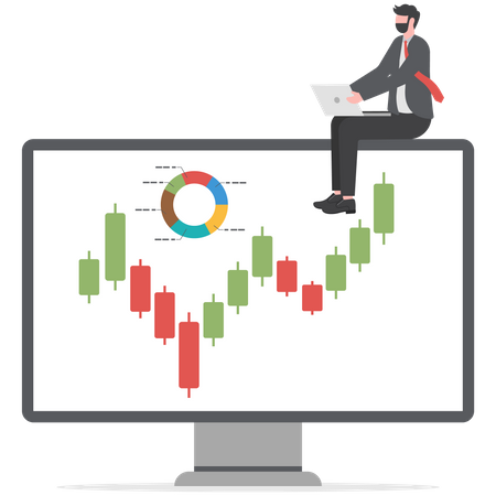 Businessman investor using computer to trade graph  Illustration