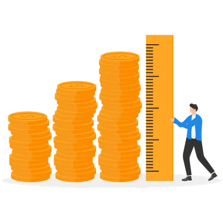 Businessman investor using measuring tape to measure money coins stack height  Illustration
