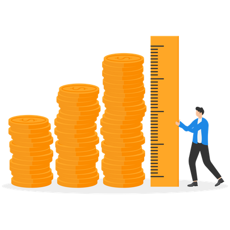 Businessman investor using measuring tape to measure money coins stack height  イラスト