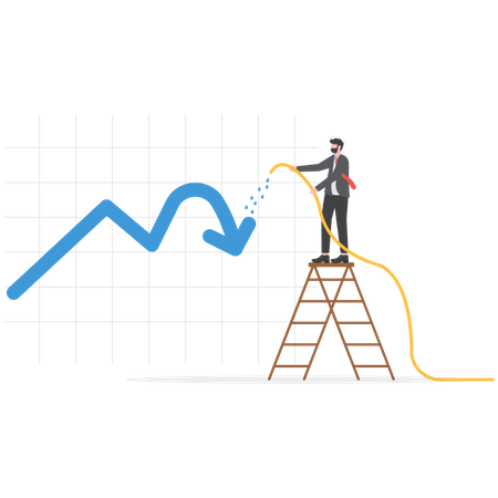 Businessman investor watering fall down graph and chart to make it grow  Illustration