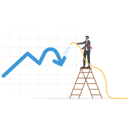 Businessman investor watering fall down graph and chart to make it grow  Illustration