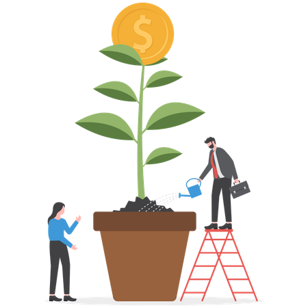 Businessman investor watering stack dollar coin to grow money plant  イラスト