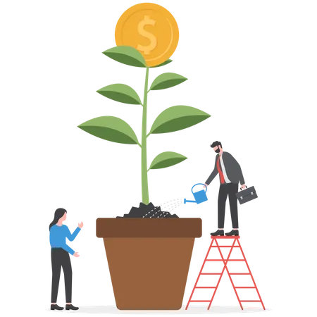 Businessman investor watering stack dollar coin to grow money plant  Illustration