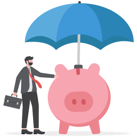 Businessman investor with his piggy bank safety money covered by big umbrella  Illustration