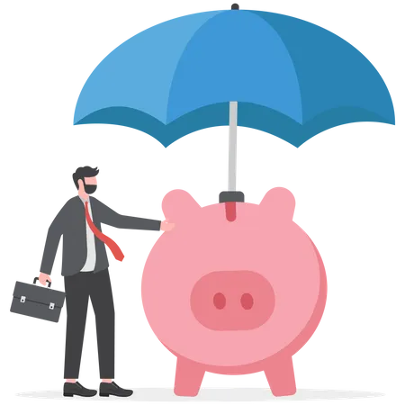 Businessman investor with his piggy bank safety money covered by big umbrella  Illustration