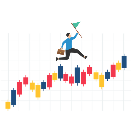 Businessman investor with money briefcase running on candlestick graph  Illustration