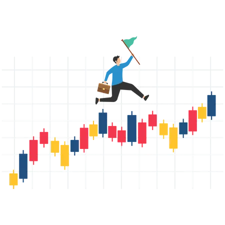 Businessman investor with money briefcase running on candlestick graph  Illustration