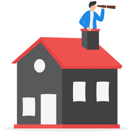 Businessman investor with telescope climb up house chimney to see vision  Illustration