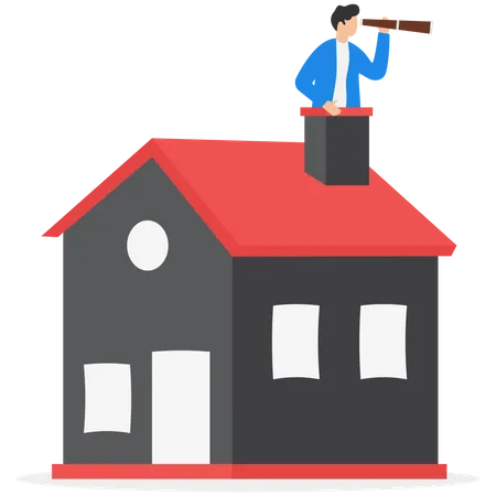 Real Estate And Housing Investment Opportunity Property Growth Forecast Or Vision Future Mortgage Or Reit Profit Concept Businessman Investor With Telescope Climb Up House Chimney To See Vision Illustration