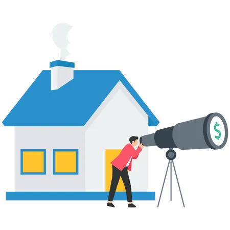 Businessman investor with telescope to see real estate property vision  Illustration