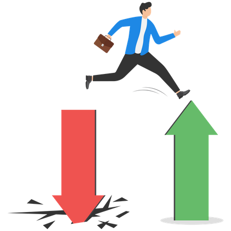 Businessman investors jumped from red pointing down the arrow to green rising up  Illustration