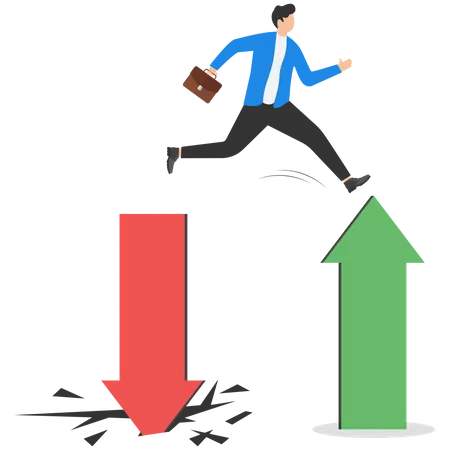 Businessman investors jumped from red pointing down the arrow to green rising up  Illustration