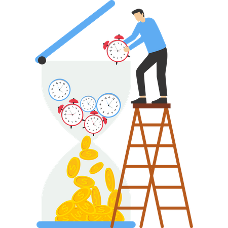 Businessman investors put coins for long term in sandglass  Illustration