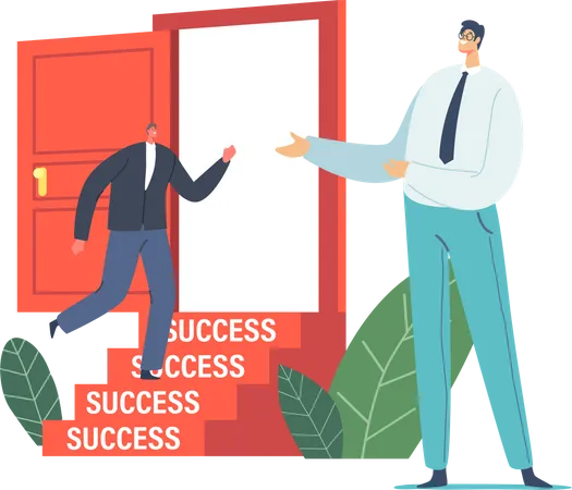 Businessman Invite Another Business Man Character In Formal Suit To Enter Open Door With Stairs To Success New Work Opportunity Challenge Career Boost Hiring Concept Cartoon Vector Illustration イラスト