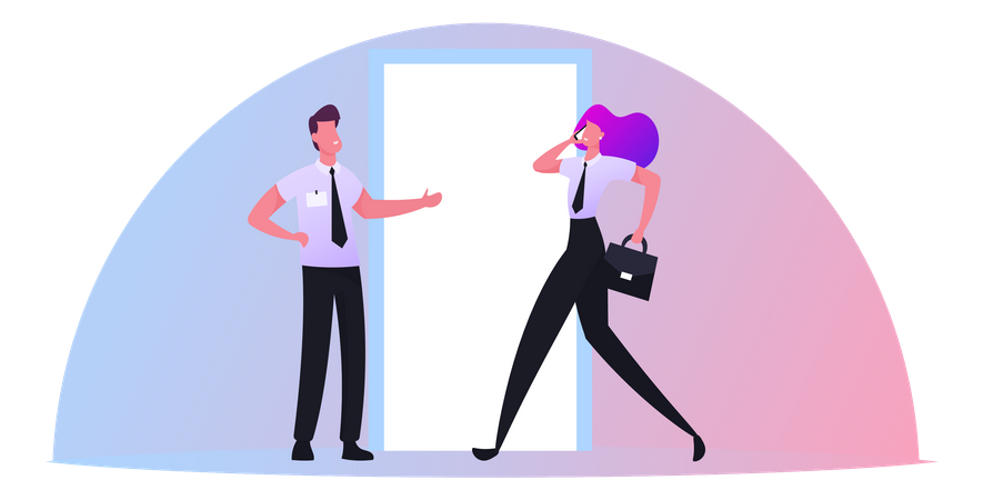 Businessman Invite Businesswoman To Enter Door Ahead Office Relation Illustration