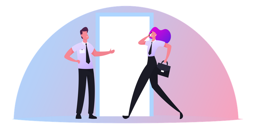 Businessman Invite Businesswoman To Enter Door Ahead Office Relation  Illustration