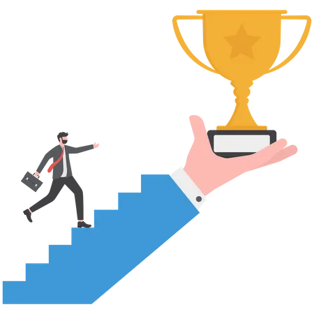 Motivation To Achieve Goal Small Win To Motivate Employee To Succeed In Work Effort And Ambition To Reach Target Concept Businessman Run With Full Effort To Reach Trophy Cup In Giant Hand Illustration