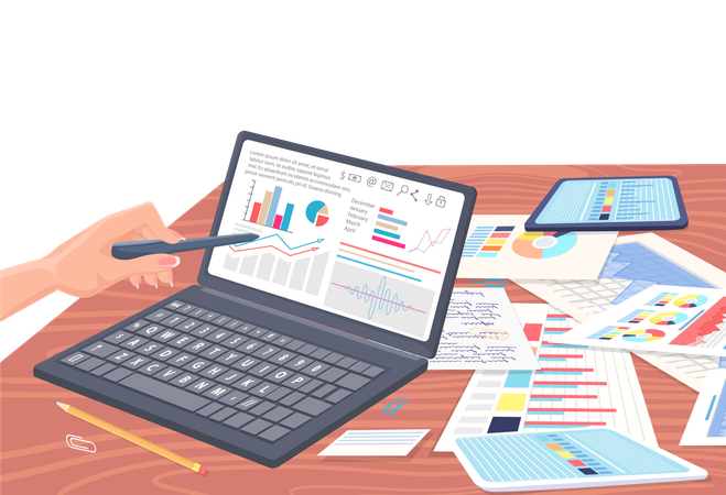 Businessman is analyzing charts and graphs  Illustration