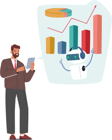 Focused Businessman Utilizes An Artificial Intelligence Assistant To Analyze Data Charts Blending Human Insight With Cutting Edge Technology For Enhanced Decision Making In Corporate Realm Vector Illustration