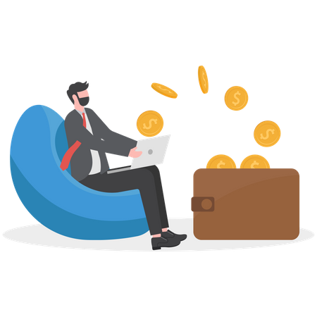 Businessman is arranging gold coins in his wallet  Illustration